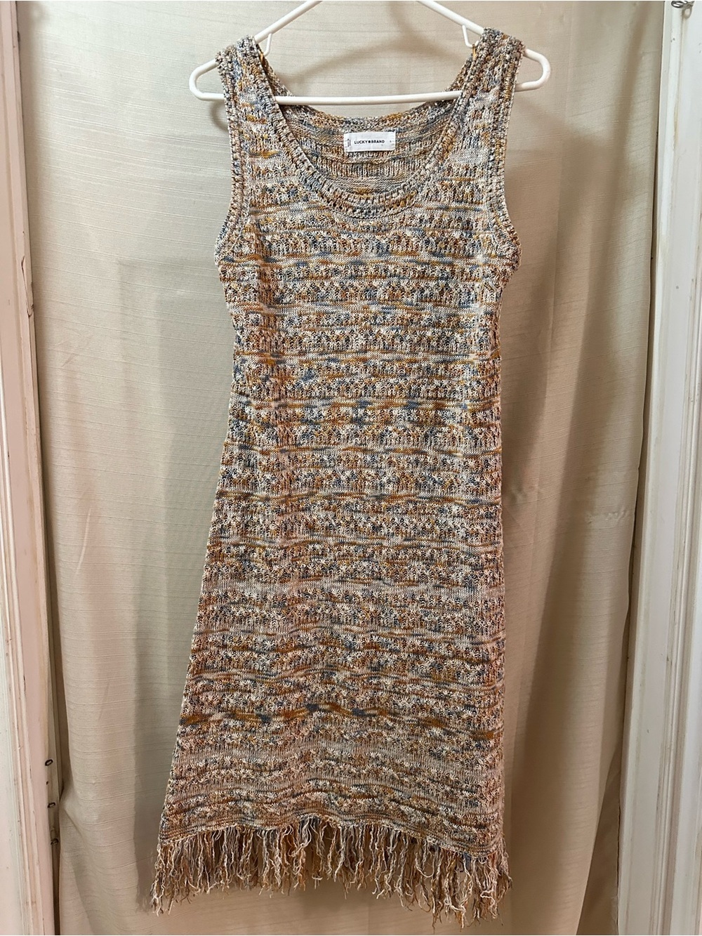 Lucky Brand Fringe Hem Sweater Dress Marled Knit Sleeveless Boho Size Large